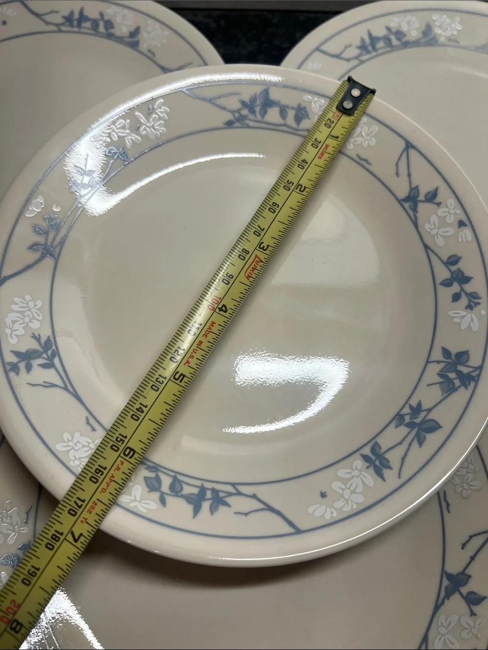CORELLE FIRST OF SPRING salad or dessert plates. Blue & White floral vine border